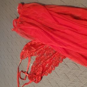 Red lace string lingerie with tulle wrap around long skirt